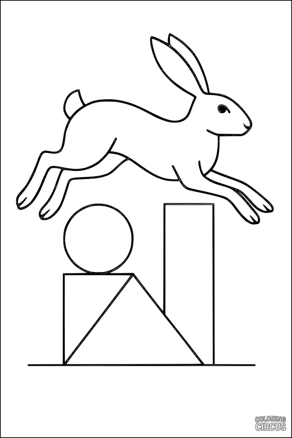 Coloring page showing a hare jumping over geometric shapes, suitable for young children