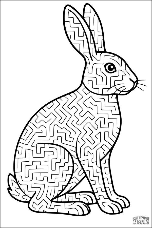 Coloring page hare with intricate maze patterns covering its body, designed for children.