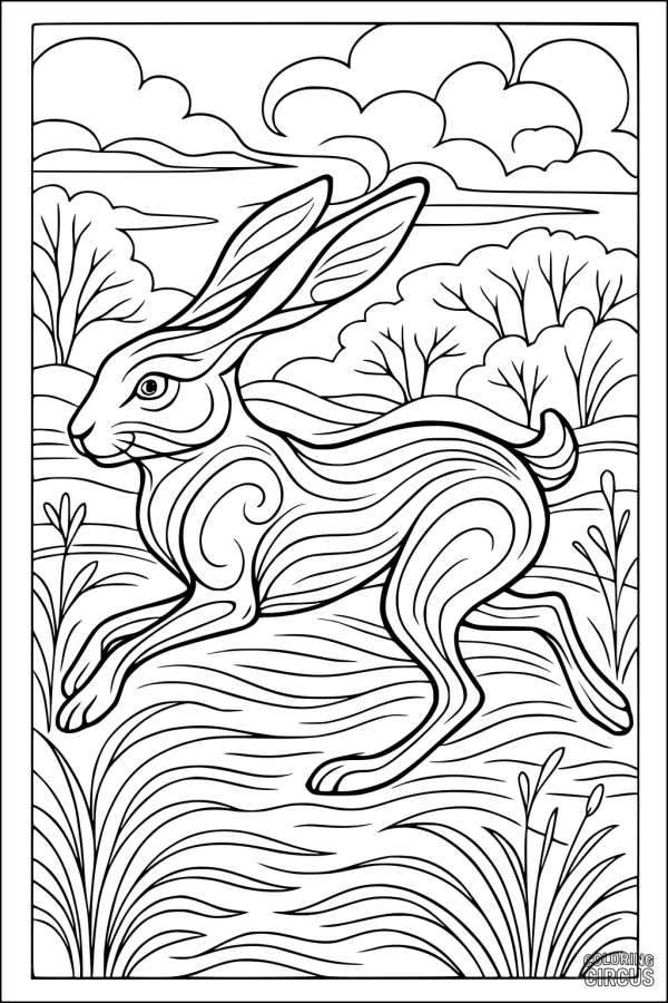 Coloring page featuring a running hare with swirl patterns in a grassy meadow with trees and clouds