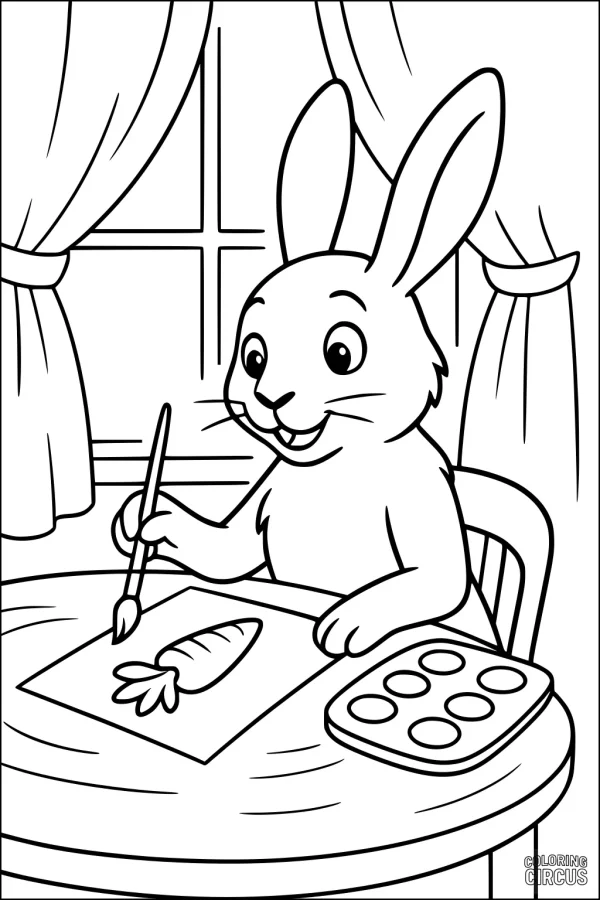 Coloring page of a cheerful hare painting a carrot at a table indoors