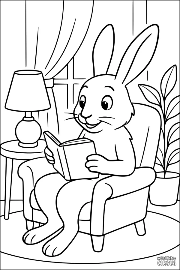 Coloring page of a cute hare reading a book in a cozy chair, with a lamp, curtains, and a plant in the background