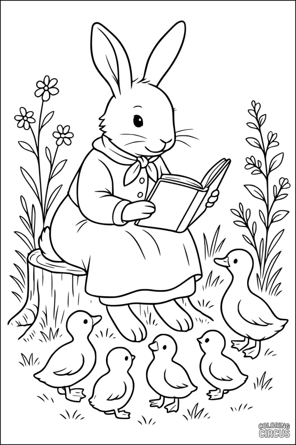Coloring page featuring a friendly hare reading a book to ducklings in a flower-filled meadow