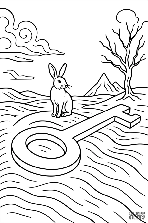 Coloring page featuring a hare sitting on a large key in a whimsical landscape with swirling clouds, a bare tree, and distant mountains