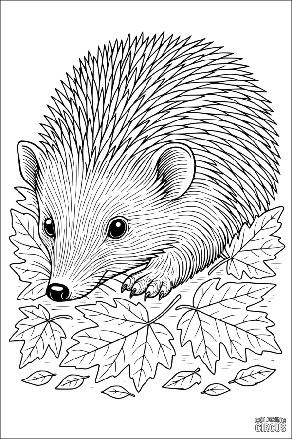 Coloring page of a detailed hedgehog nestled in leaves, suitable for children