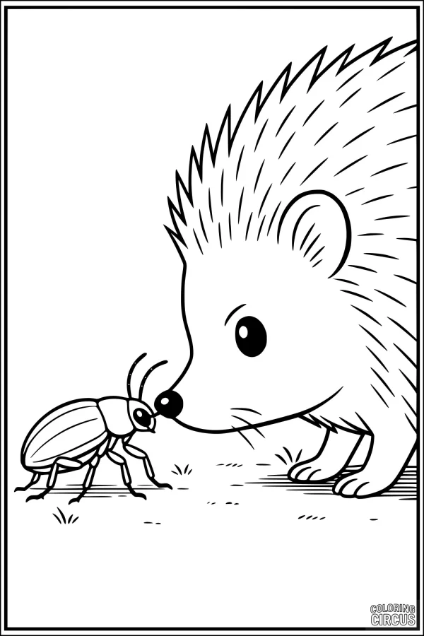 Coloring page with a cute hedgehog and beetle touching noses