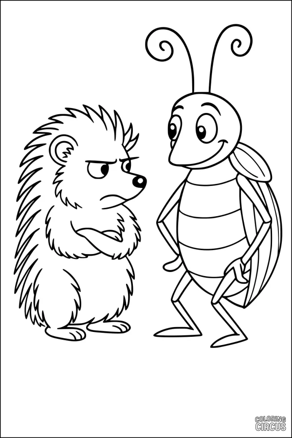 Coloring page of a cute hedgehog and friendly bug cartoon characters meeting in a forest