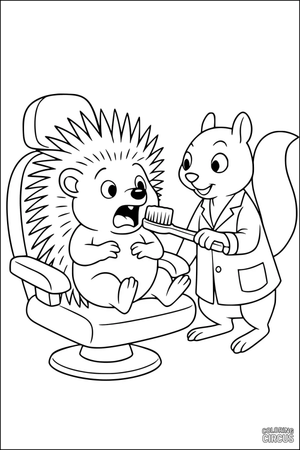 Coloring page of a hedgehog at the dentist with a squirrel dentist in a cartoon woodland scene