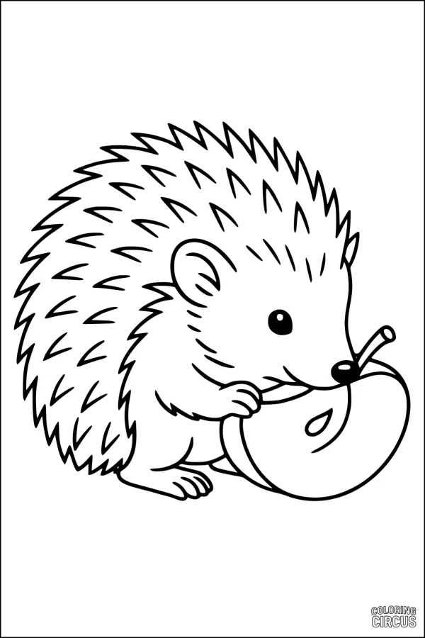 Coloring page of a cute hedgehog holding an apple, simple design for young children