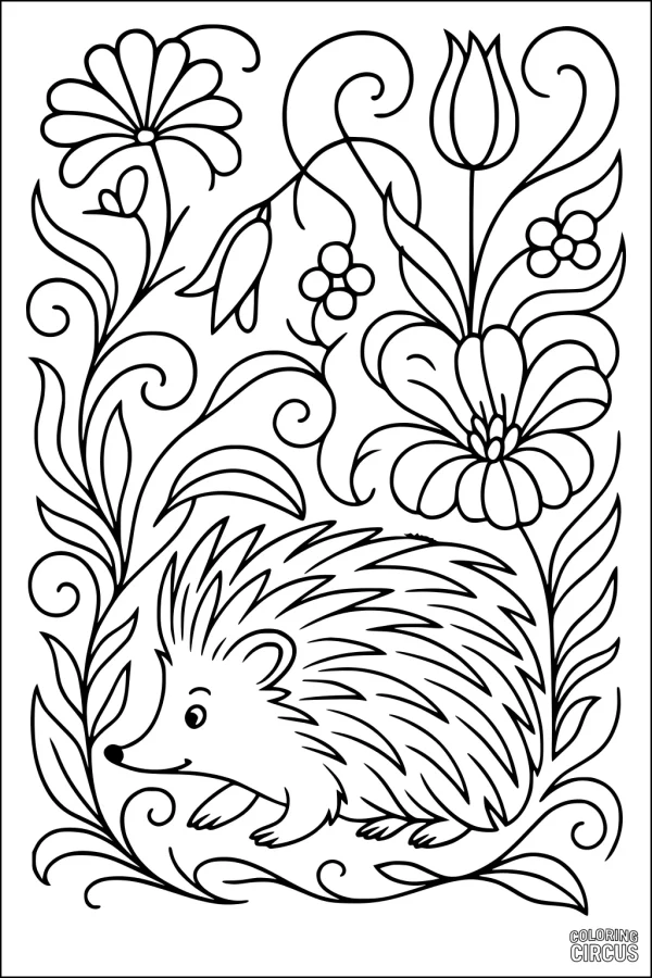 Coloring page of a cute hedgehog surrounded by whimsical flowers and leafy plants