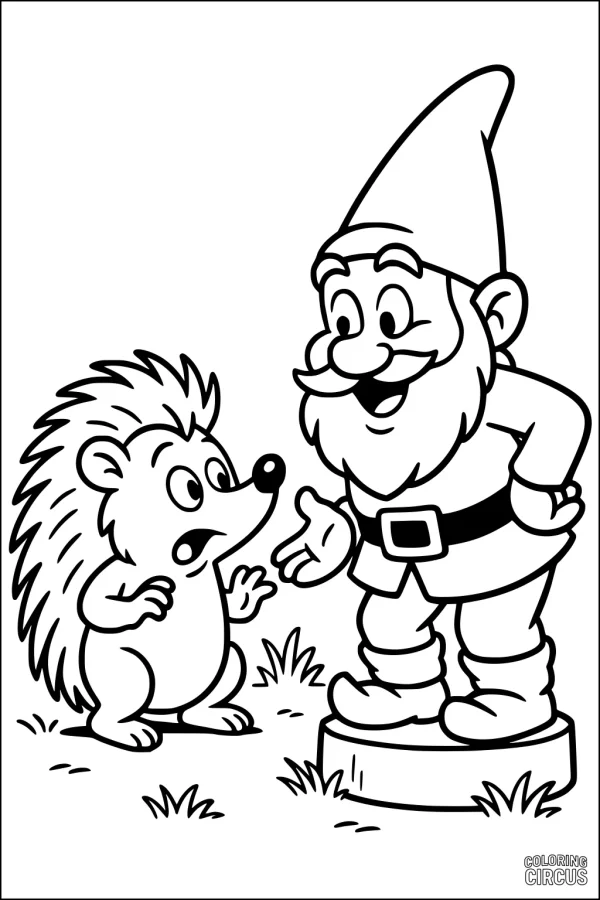 Coloring page showing a cartoon hedgehog and garden gnome meeting in the grass