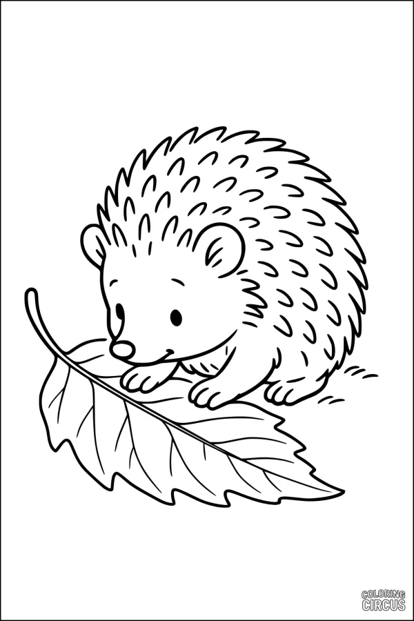 Coloring page featuring a cute hedgehog sniffing a large leaf
