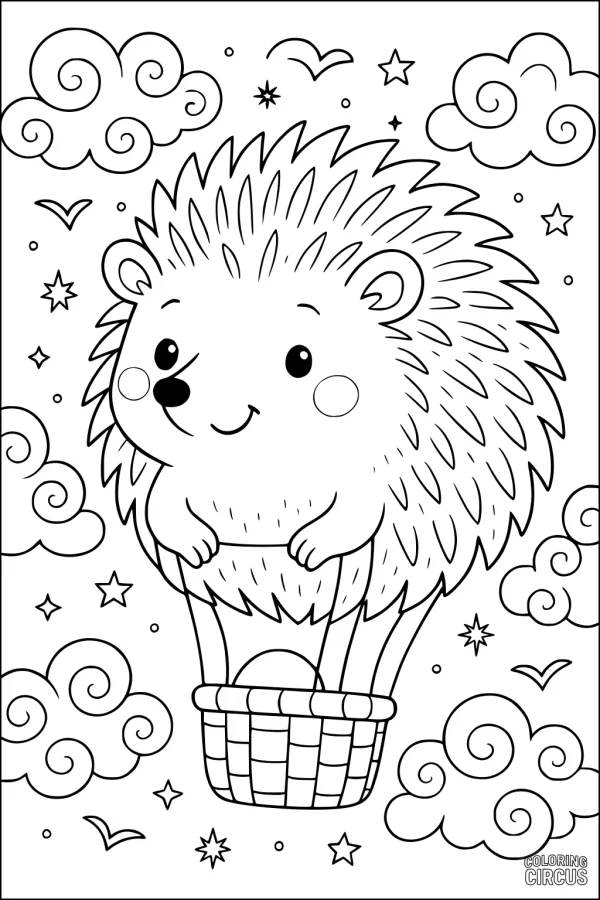 Coloring page of a cute hedgehog in a hot air balloon surrounded by clouds and stars