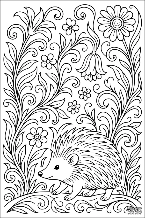 Coloring page featuring a hedgehog surrounded by whimsical flowers and vines