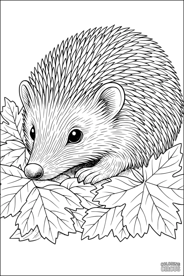 Coloring page hedgehog curled among autumn leaves black and white