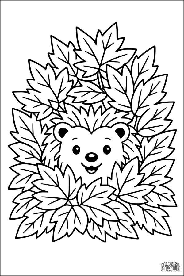 Coloring page of a smiling hedgehog surrounded by large autumn leaves