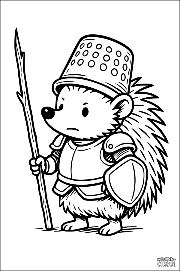 Coloring page of a cute hedgehog dressed as a knight with a thimble helmet and stick lance