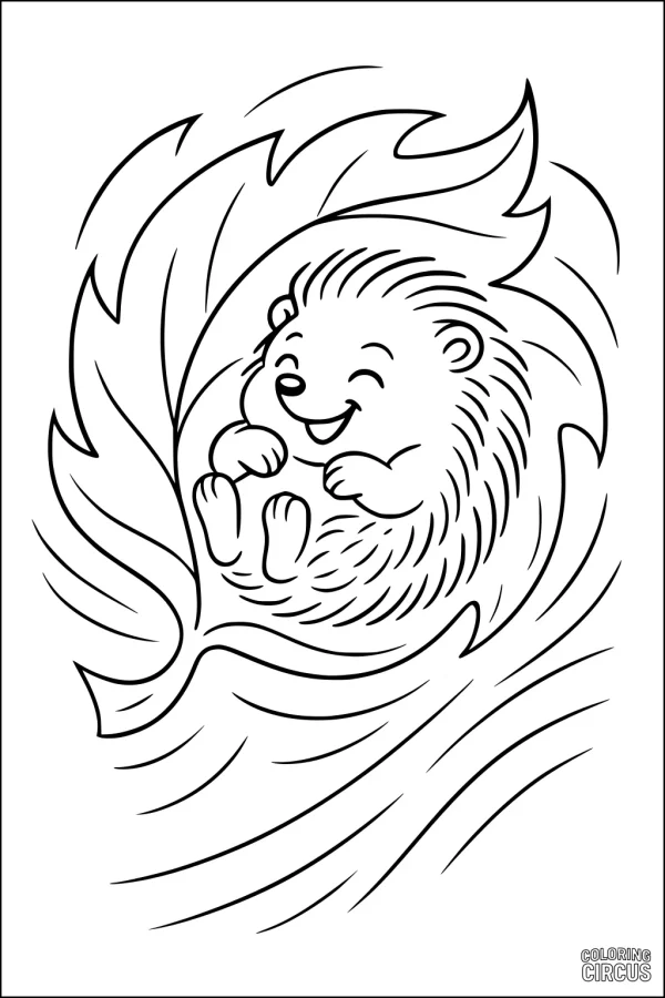 Coloring page featuring a smiling hedgehog curled up in a large leaf, perfect for preschoolers