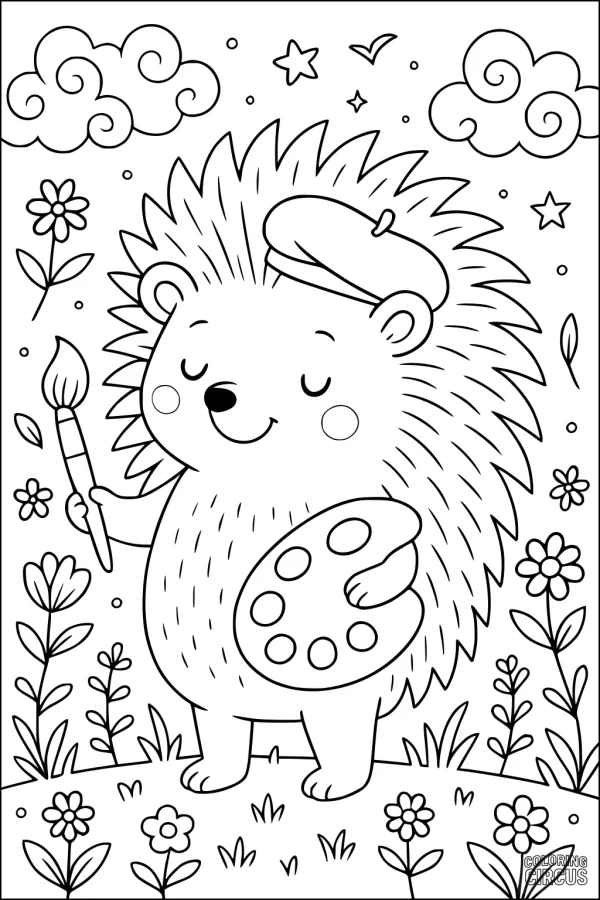 Coloring page with a cute hedgehog artist holding a paintbrush and palette in a flower-filled meadow with clouds and stars
