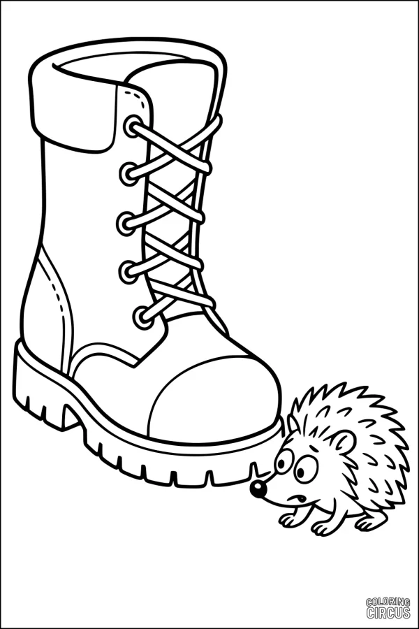 Coloring page with cute hedgehog looking at a big boot