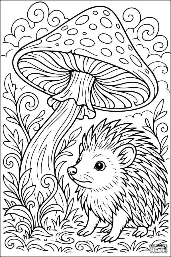 Coloring page featuring a hedgehog under a large mushroom surrounded by leaves and whimsical clouds
