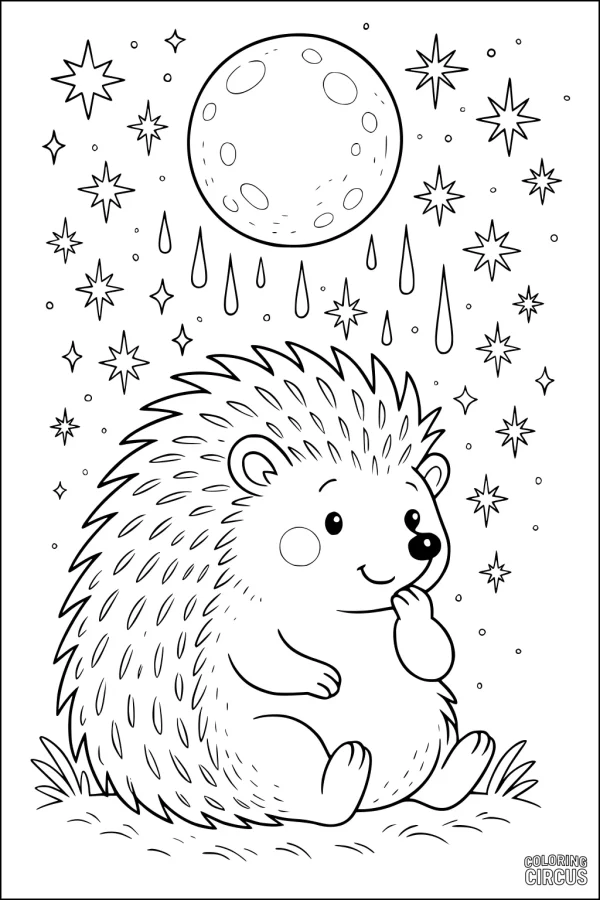Coloring page featuring a cute hedgehog sitting under a night sky with stars and a large moon