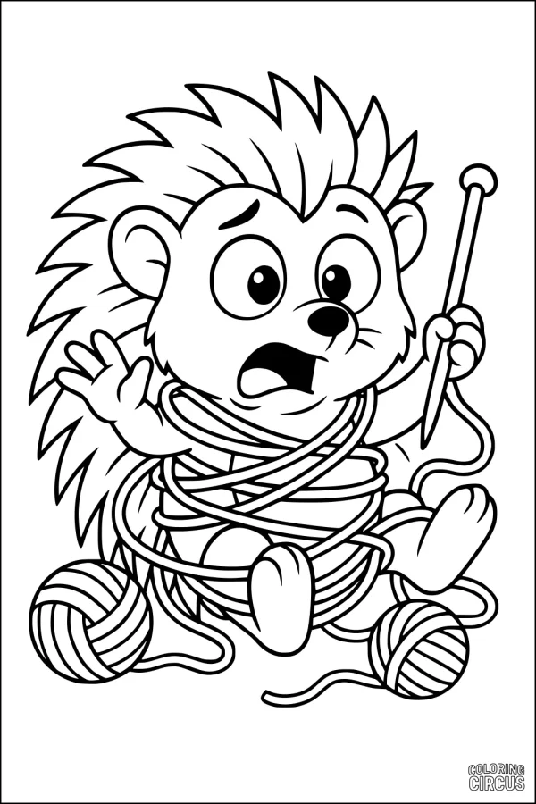 Coloring page featuring a cartoon hedgehog tangled in yarn with a knitting needle
