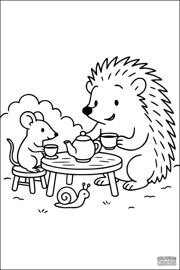 Coloring page hedgehog and mouse having tea at a garden table with a snail nearby