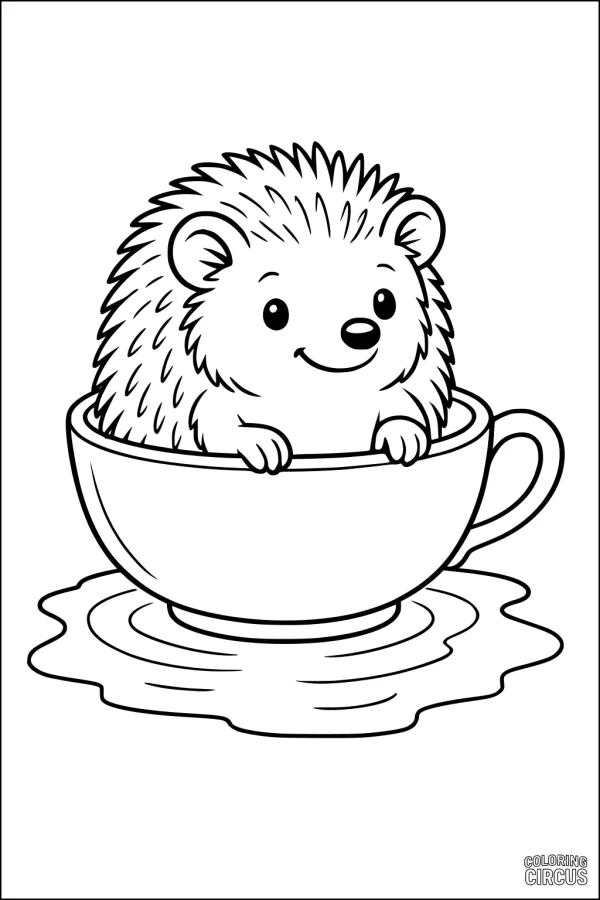 Coloring page with a cute hedgehog sitting in a teacup on a saucer