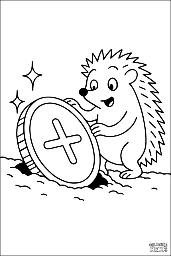 Coloring page hedgehog discovering a shiny coin in the ground with sparkling effects