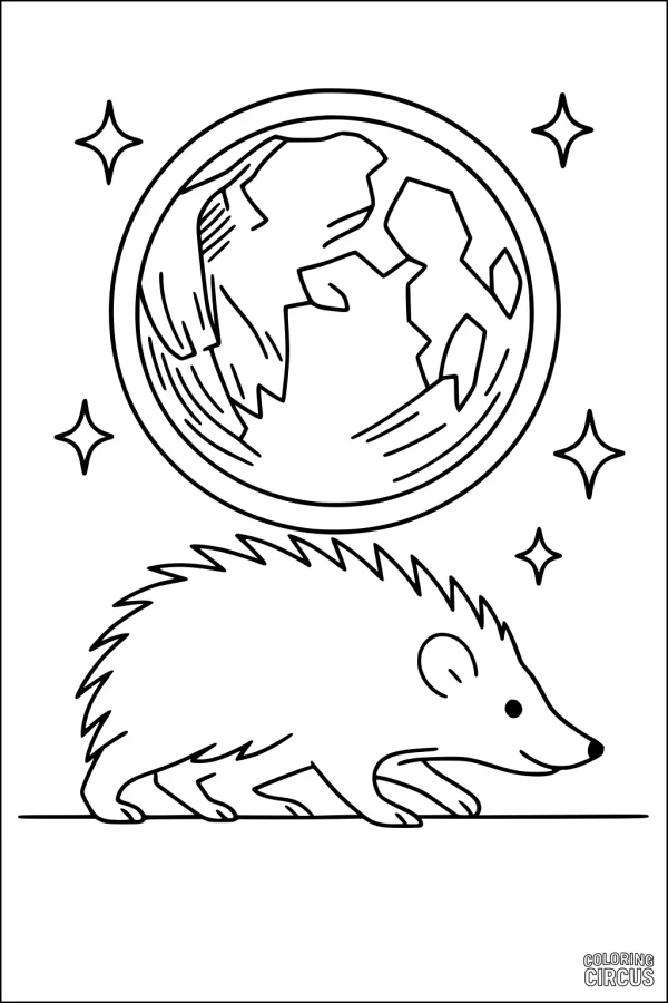 Coloring page of a cute hedgehog walking beneath a large Earth and surrounded by stars