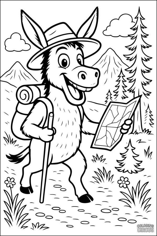 Coloring page of a friendly donkey hiking with a map in a mountain scenery