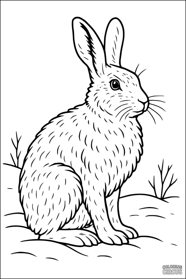 Coloring page features a sitting hare with tall ears in a meadow setting
