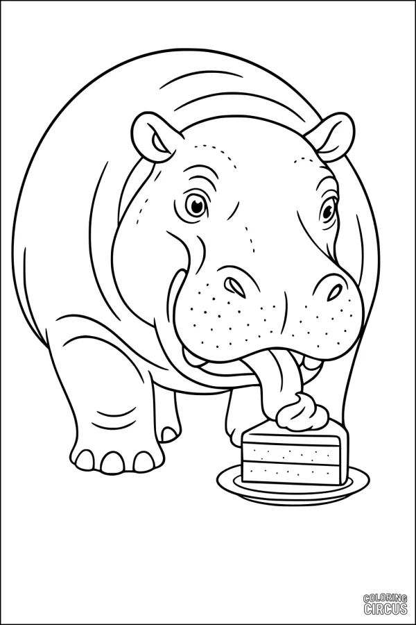 Coloring page of a hippopotamus happily licking a slice of cake on a plate