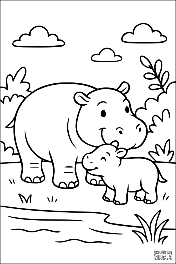 Coloring page showing a parent and baby hippopotamus standing together near a river with bushes and clouds in the background