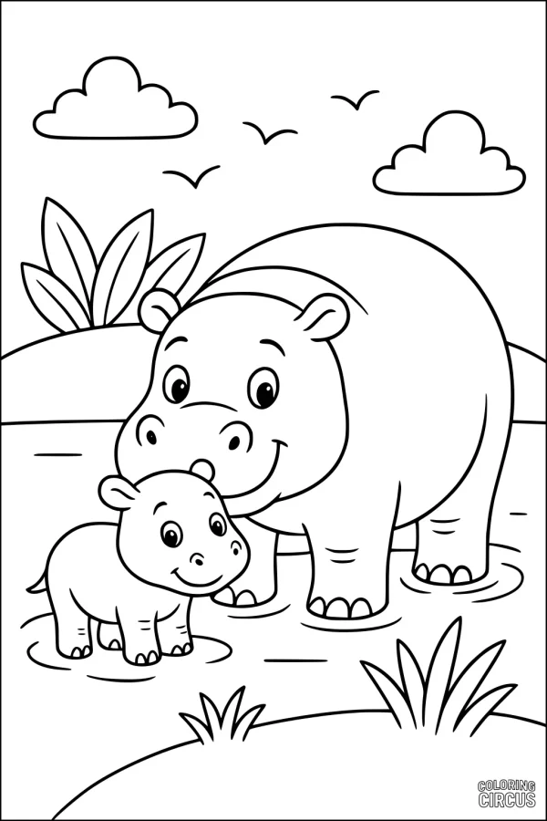 Coloring page of a mother and baby hippopotamus in a river with grass and birds