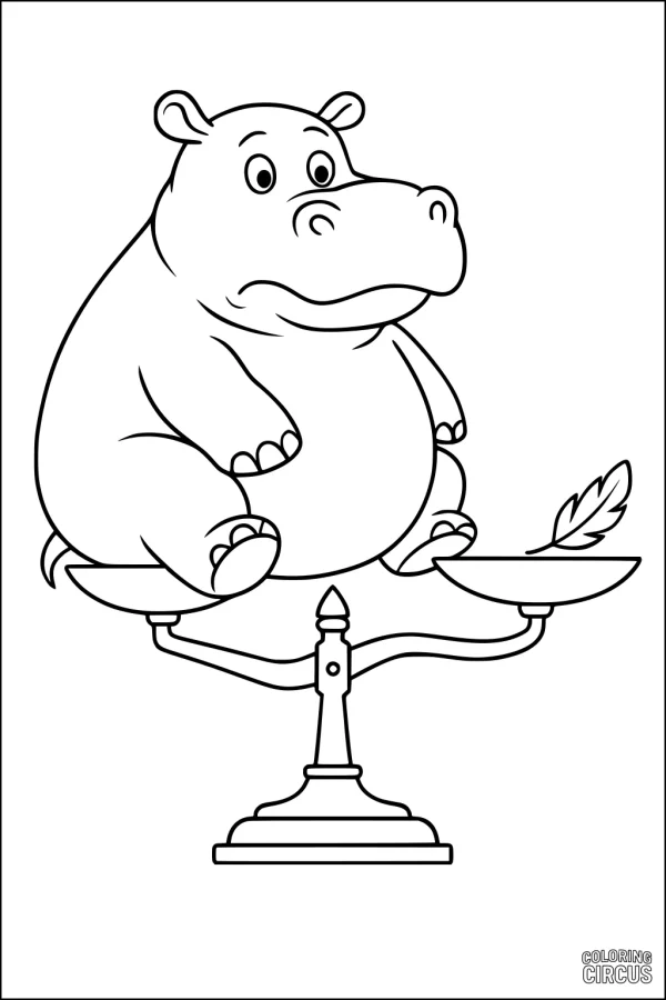 Coloring page showing a cartoon hippopotamus sitting on one side of a scale opposite a feather