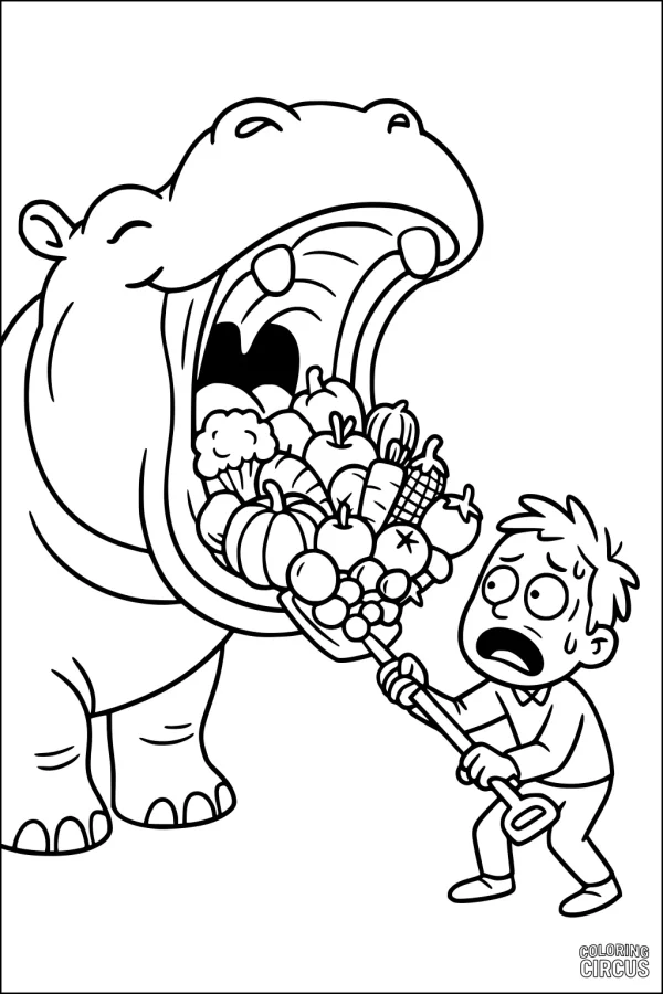 Coloring page showing a cartoon hippopotamus with its mouth open wide, being fed a pile of fruits and vegetables by a surprised zookeeper