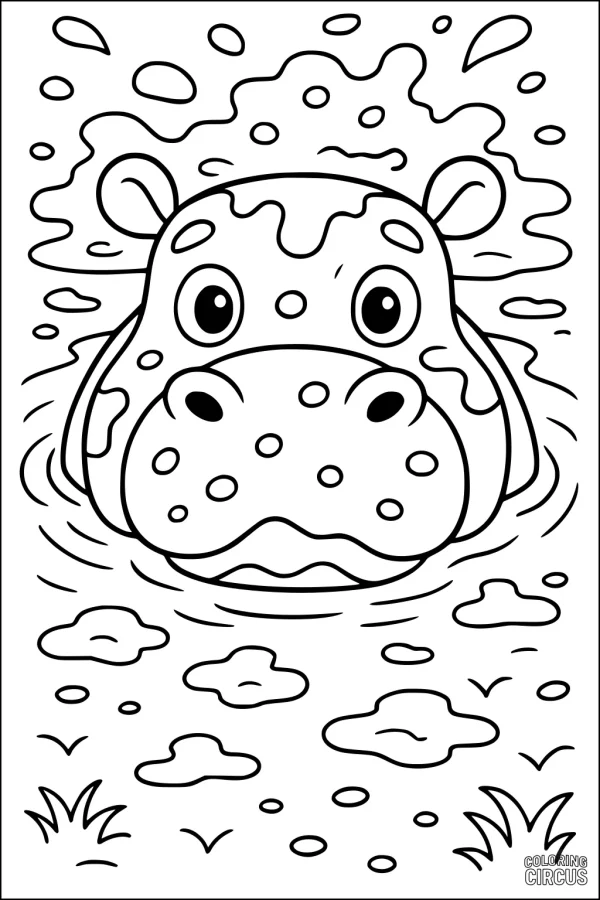 Coloring page of a cute hippopotamus head emerging from a pond with splashing water and lily pads