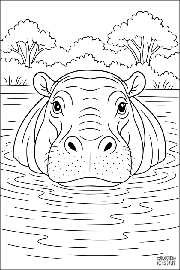 Coloring page of a hippopotamus relaxing in a river with trees in the background