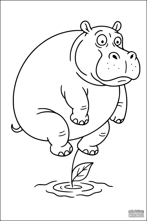 Coloring page of a cartoon hippopotamus balancing on a leaf in a pond