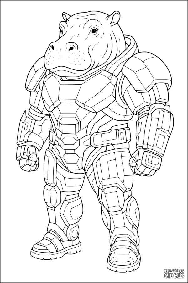 Coloring page of a hippopotamus wearing futuristic armored suit