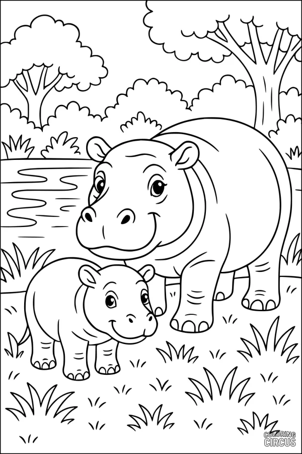 Coloring page featuring a happy hippo and baby by a river with trees and grass