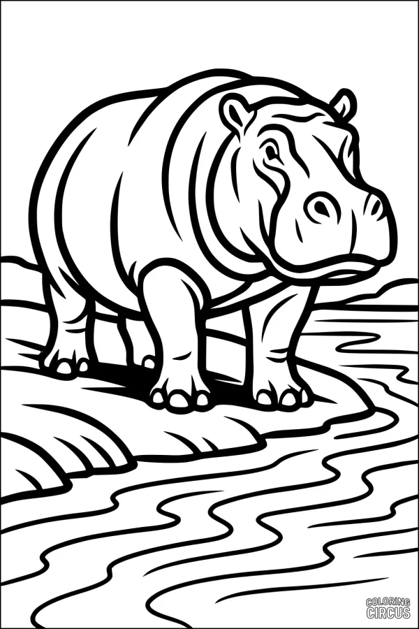 Coloring page showing a hippopotamus standing by a riverbank in a simple, friendly scene