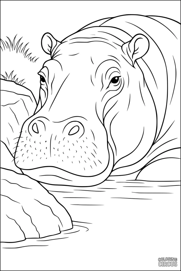Coloring page featuring a realistic hippopotamus resting in a river with rocks and grass