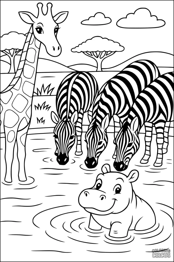 Coloring page featuring a smiling hippopotamus in water, zebras, and giraffe at a savanna waterhole