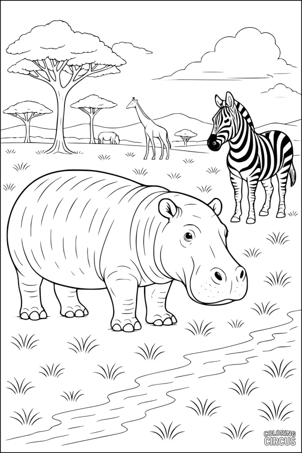Coloring page featuring a hippopotamus by a river with a zebra, giraffe, and trees in the African savanna