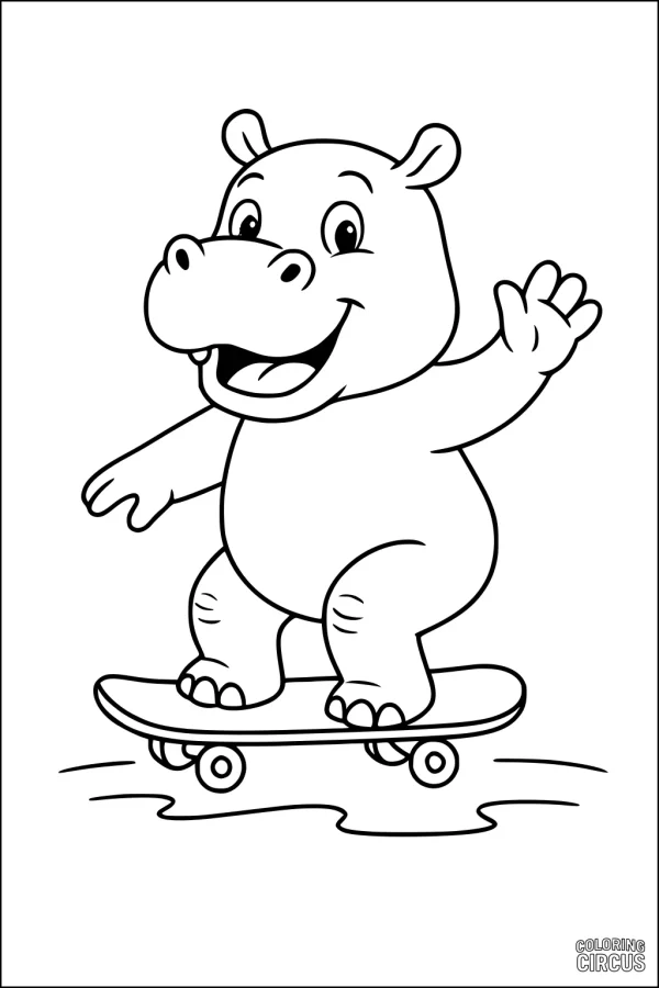 Coloring page showing a cheerful hippopotamus riding a skateboard and waving