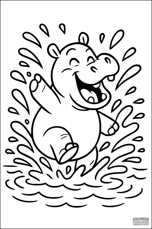 Coloring page of a cartoon hippopotamus splashing water and smiling