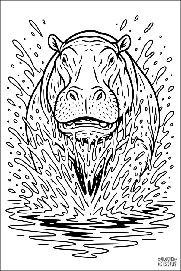 Coloring page featuring a large hippopotamus splashing into a river, water droplets and ripples