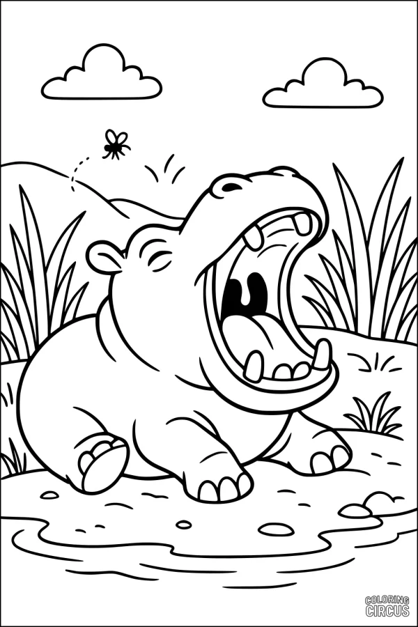 Coloring page of a hippopotamus yawning by a pond with grass, clouds, and a flying bug